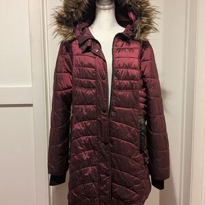 Long Quilted Hooded Puffer Coat in Plum with Faux Fur Trim